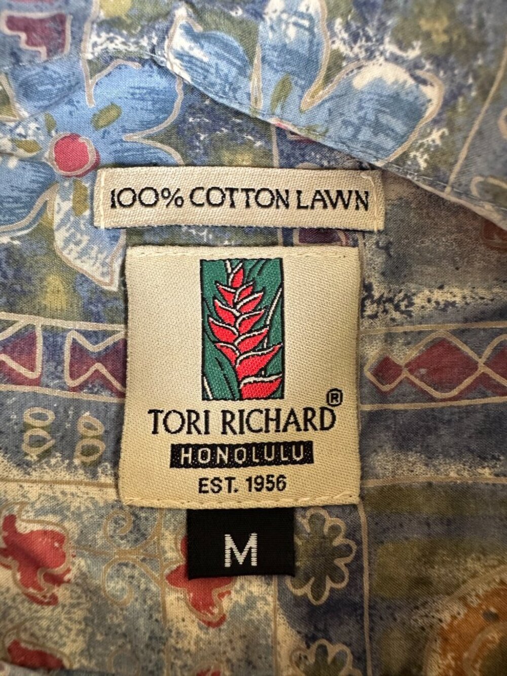 Tori Richard Men's Green Blue Red Floral Leaf Pattern Hawaiian Shirt Size Medium - Picture 2 of 3